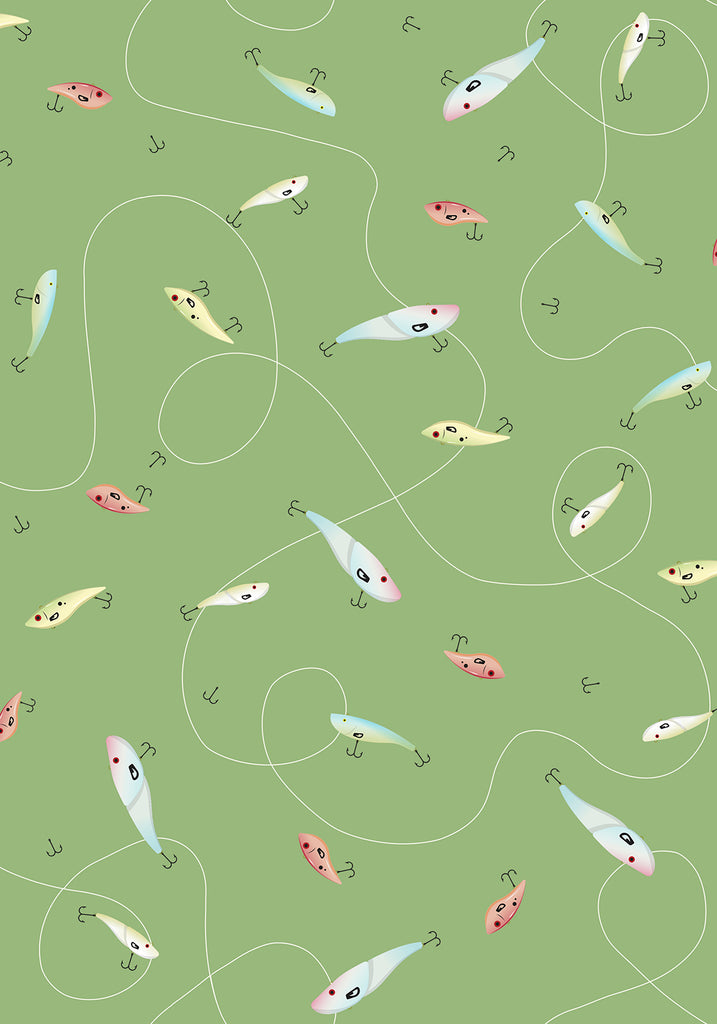 2024 WI Shop Hop Fabric by a Private Designer for P & B Textiles. Green Lure Allover - Multi-Colored Fishing Lures on a Light Green Background.