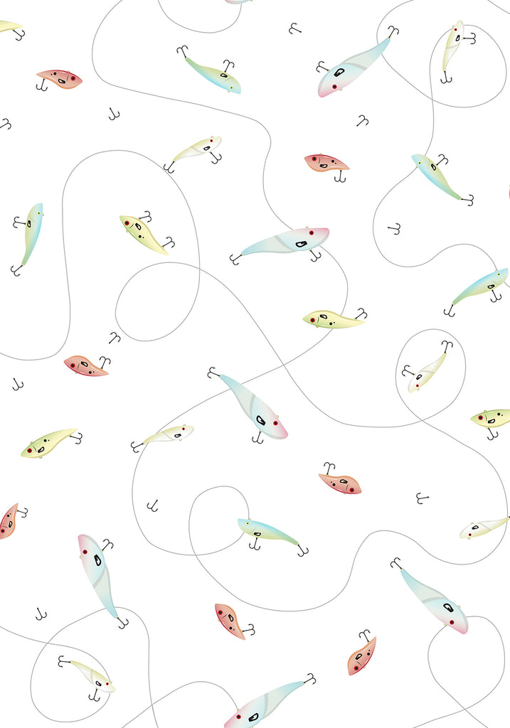 2024 WI Shop Hop Fabric by a Private Designer for P & B Textiles. White Lure Allover - Multi-Colored Fishing Lures on a Crisp White Background.