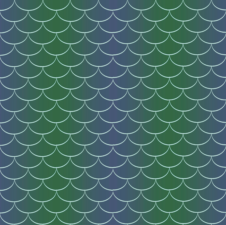 2024 WI Shop Hop Fabric by a Private Designer for P & B Textiles. Blue Green Fish Scales - Light Blue Fish Scales Overlaid a Blue and Green Background. 