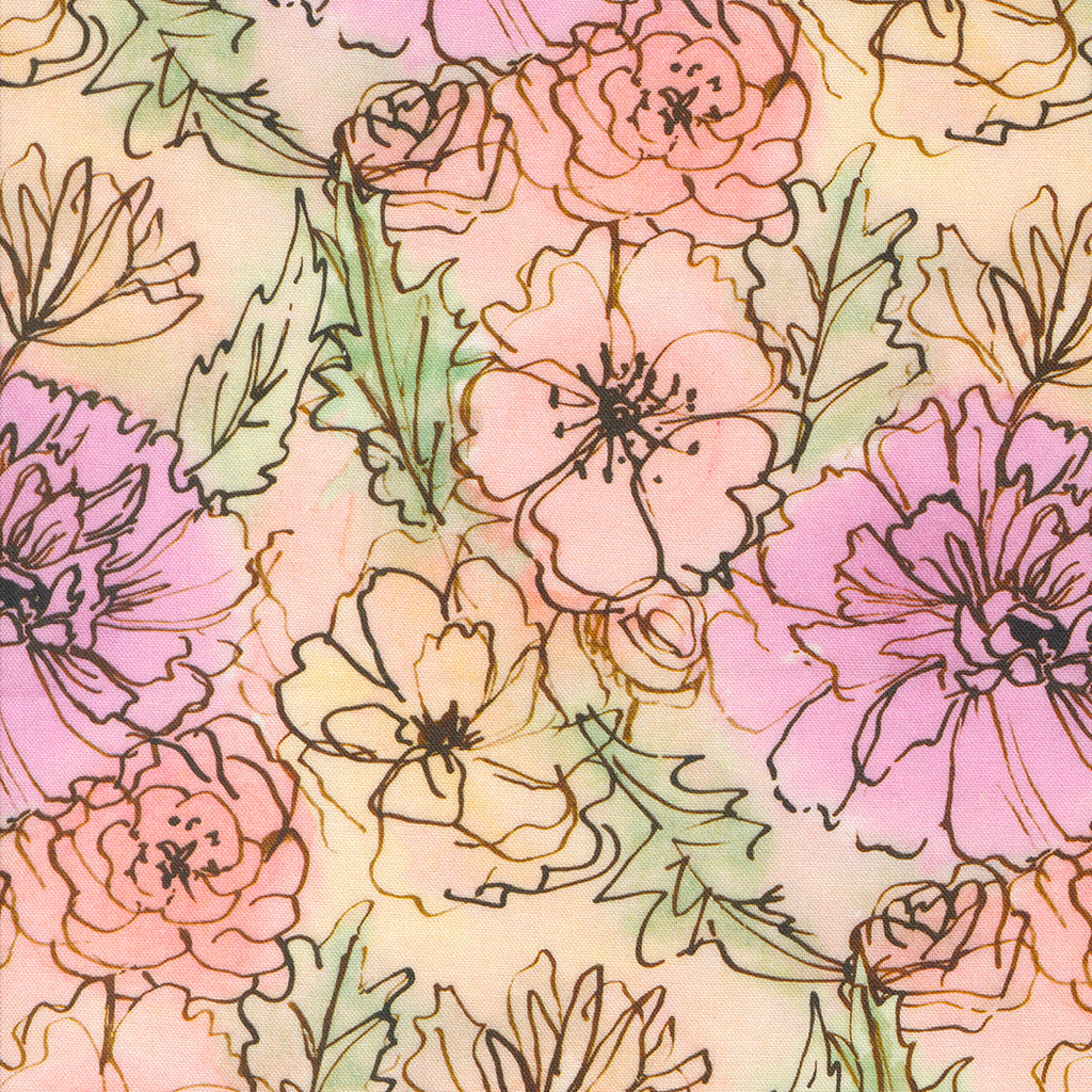 Blooming Lovely by Janet Clare for Moda. Petal- Floral outlines with a watercolor background of pink, orange, green, and yellow. 