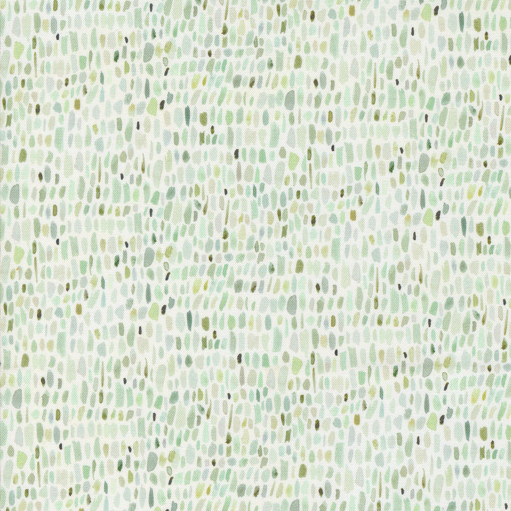 Blooming Lovely by Janet Clare for Moda. Grass - Abstract Dots in Shades of Green with Black Accents on a White Background. 