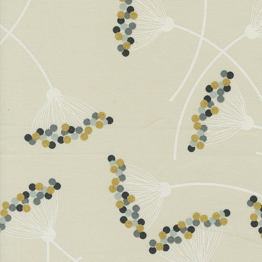 Shimmer by Zen Chic for Moda. Metallic Ecru- Sprigs of White Dandelions with Metallic Light Gray, Dark Gray, and Gold on a Light Tan Background.