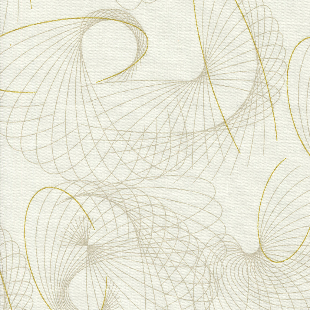 Shimmer by Zen Chic for Moda. Metallic Ivory- Geometric Light Gray Spiral with Gold Metallic Accents on a Cream Background.