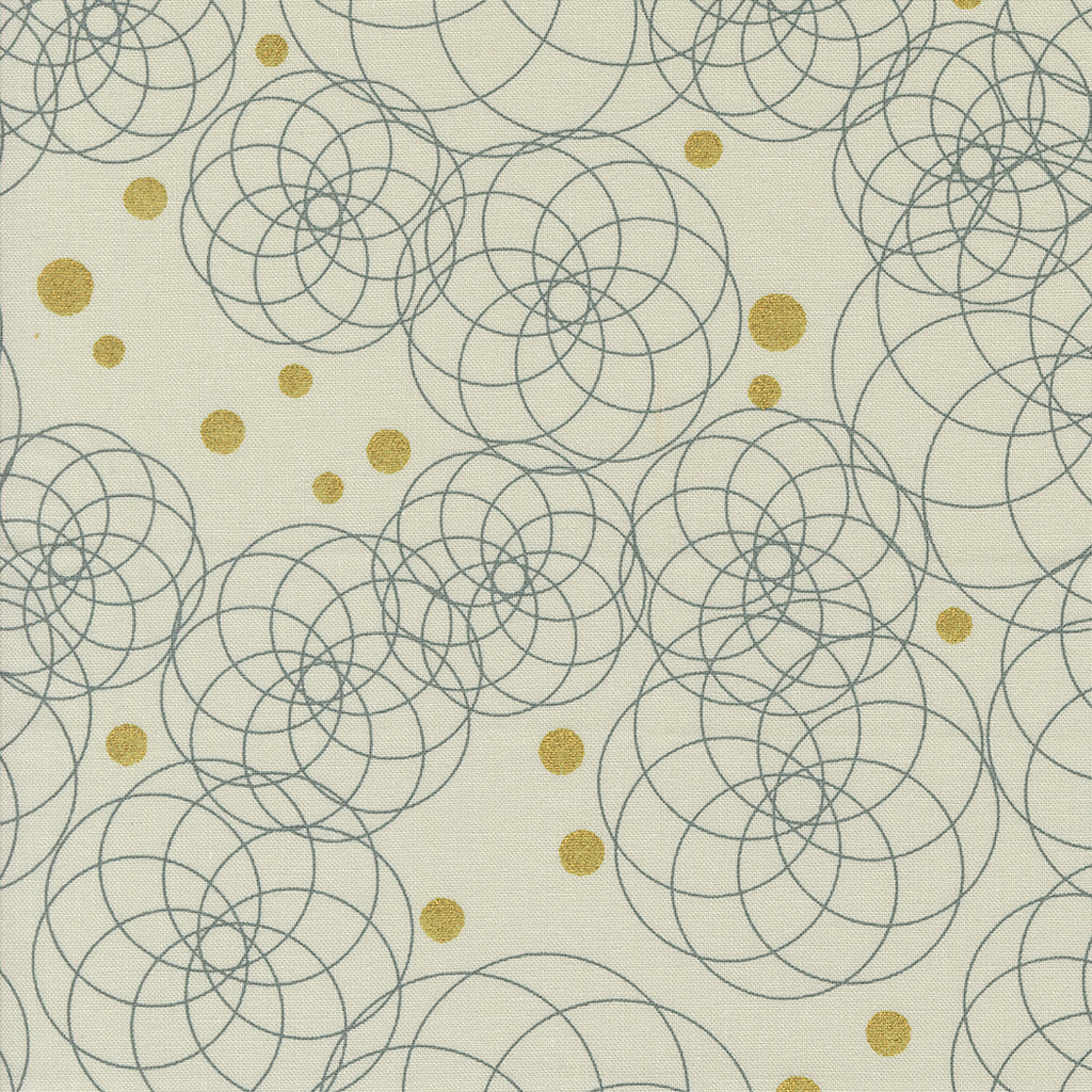 Shimmer by Zen Chic for Moda. Metallic Ecru- Geometric Light Gray Circles with Gold Metallic Accents on a Cream Background.