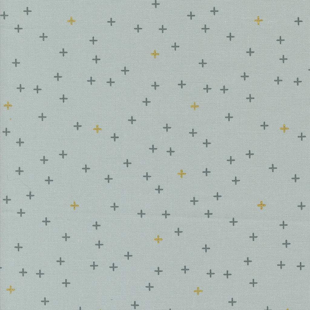 Shimmer by Zen Chic for Moda. Metallic Silver- Gray and Metallic Gold Plus Signs on a Light Gray Background.