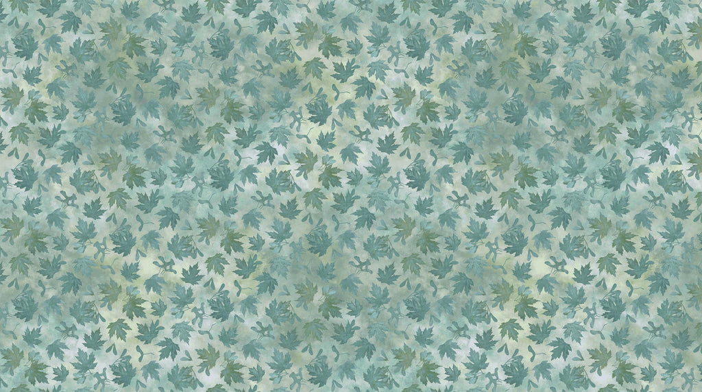 Dark blueish teal maple leaf and seed shapes on a lighter mottled blueish teal background. Fabric