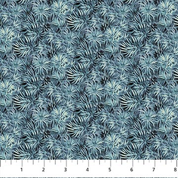 Naturescapes Moonlight Kisses by Abraham Hunter for Northcott Fabrics. Mid Blue Foliage - Blue Green Spidery Plant Scene.