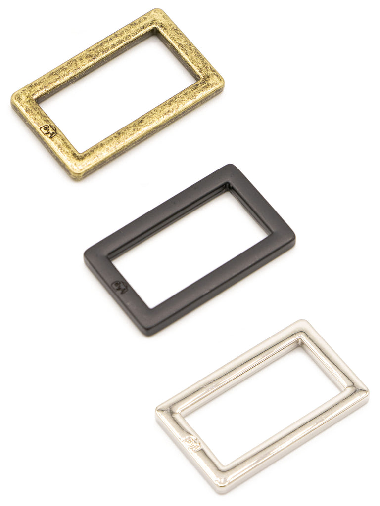 1" Rectangle  Ring - Flat, Set of Two by ByAnnie. Antique Brass, Black Metal, Silver