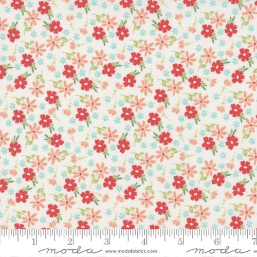 Emma by Sherri & Chelsi for Moda Fabrics. Blossom Porcelain - Light and Dark Pink and Blue Flowers with Green Leaves on a White Background
