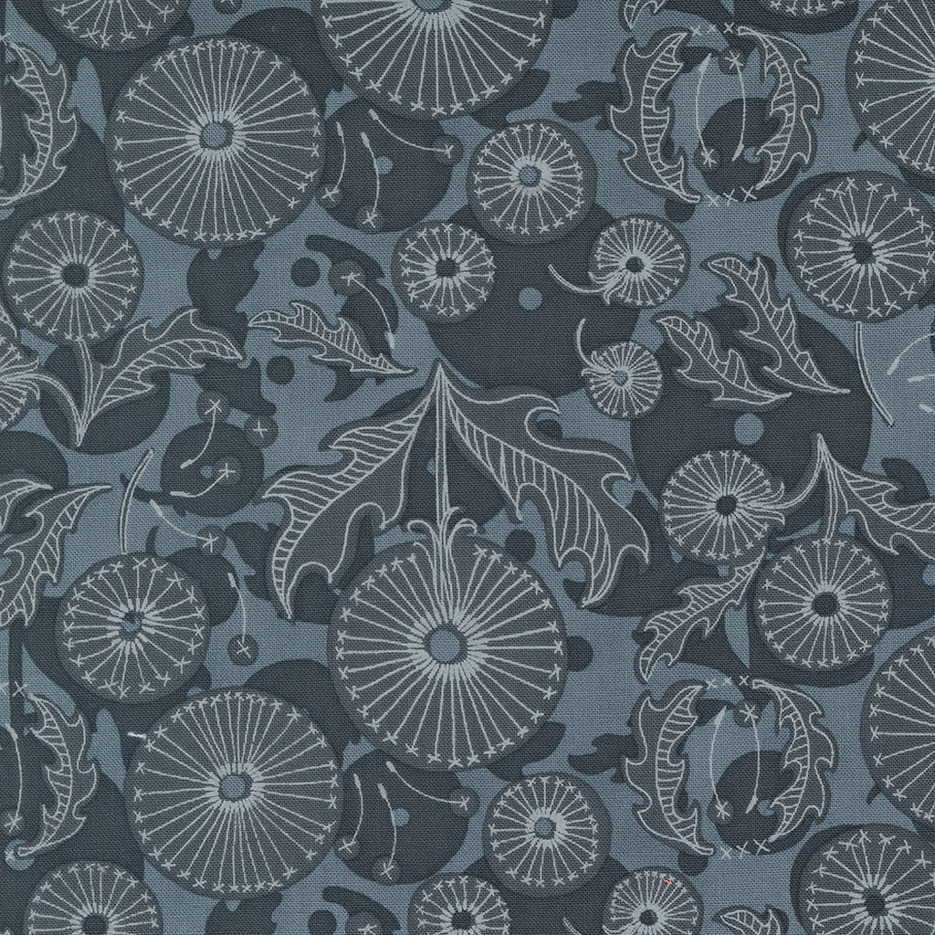 Abstract Gray Dandelions Outlined in Soft White on a Splotchy Soft Black Background.  Fabric