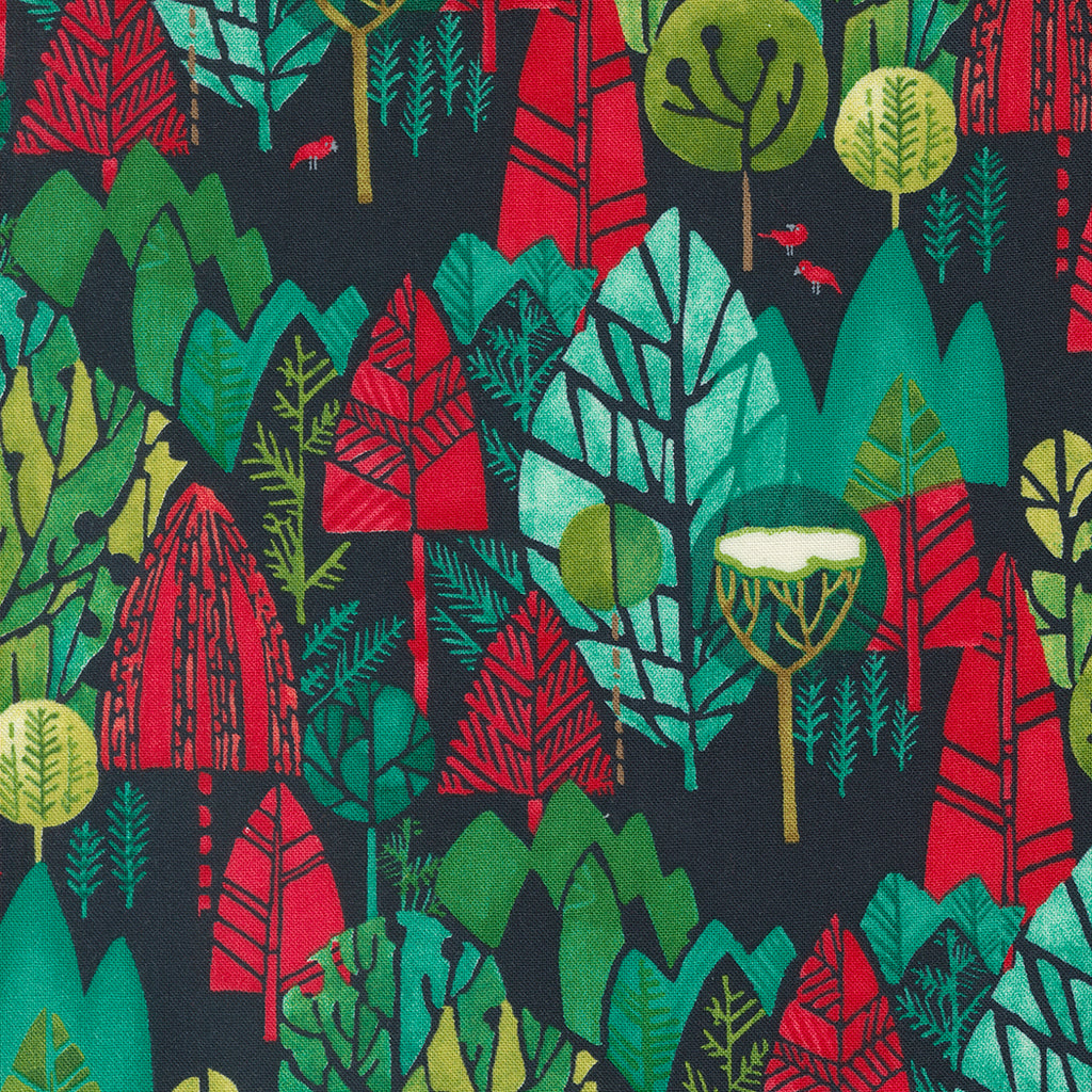 Winterly by Robin Pickens for Moda. Soft Black ﻿- Allover Pattern of Abstract Trees in Shades of Aqua, Red, and Green Accented with Small Red Birds on a Soft Black Background. 