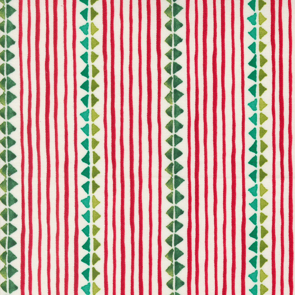 Winterly by Robin Pickens for Moda. Cream ﻿- Thin Red Stripes with Aqua and Green Triangle Stripes on a Cream Background. 