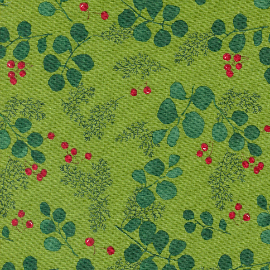 Winterly by Robin Pickens for Moda. Grass ﻿- Green Eucalyptus Leaves, Green Branches, and Red Berries on a Green Background. 