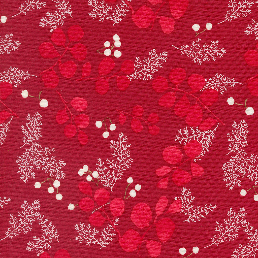 Winterly by Robin Pickens for Moda. Crimson ﻿- Red Eucalyptus Leaves, White Branches, and White Berries on a Red Background. 