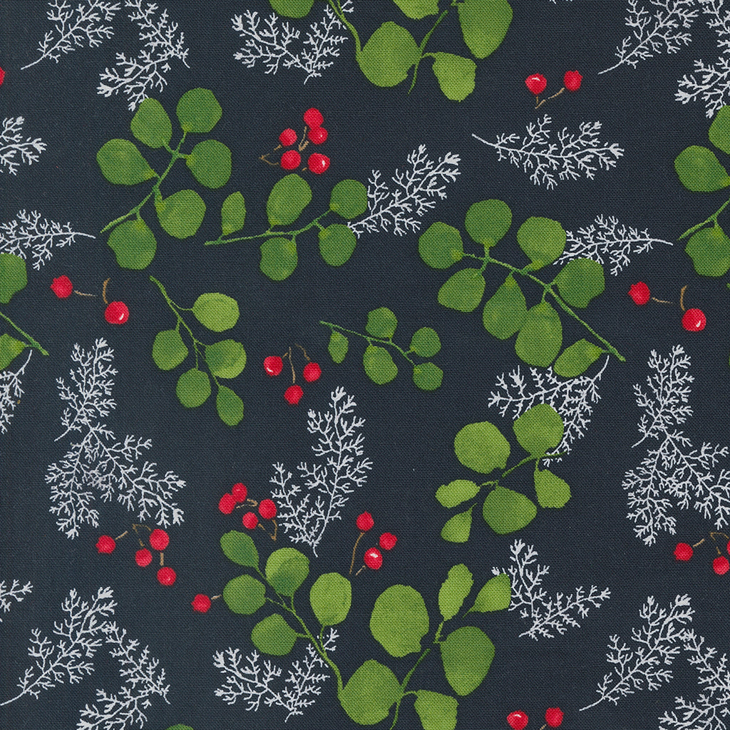 Winterly by Robin Pickens for Moda. Soft Black ﻿- Green Eucalyptus Leaves, White Branches, and Red Berries on a Soft Black Background. 