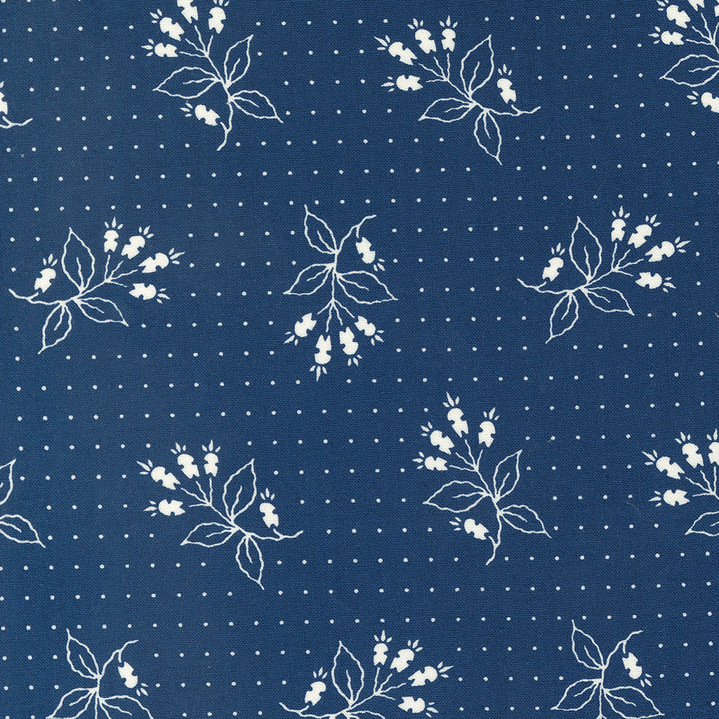 White Floral Print with White Dots on a Navy Blue Background. Fabric