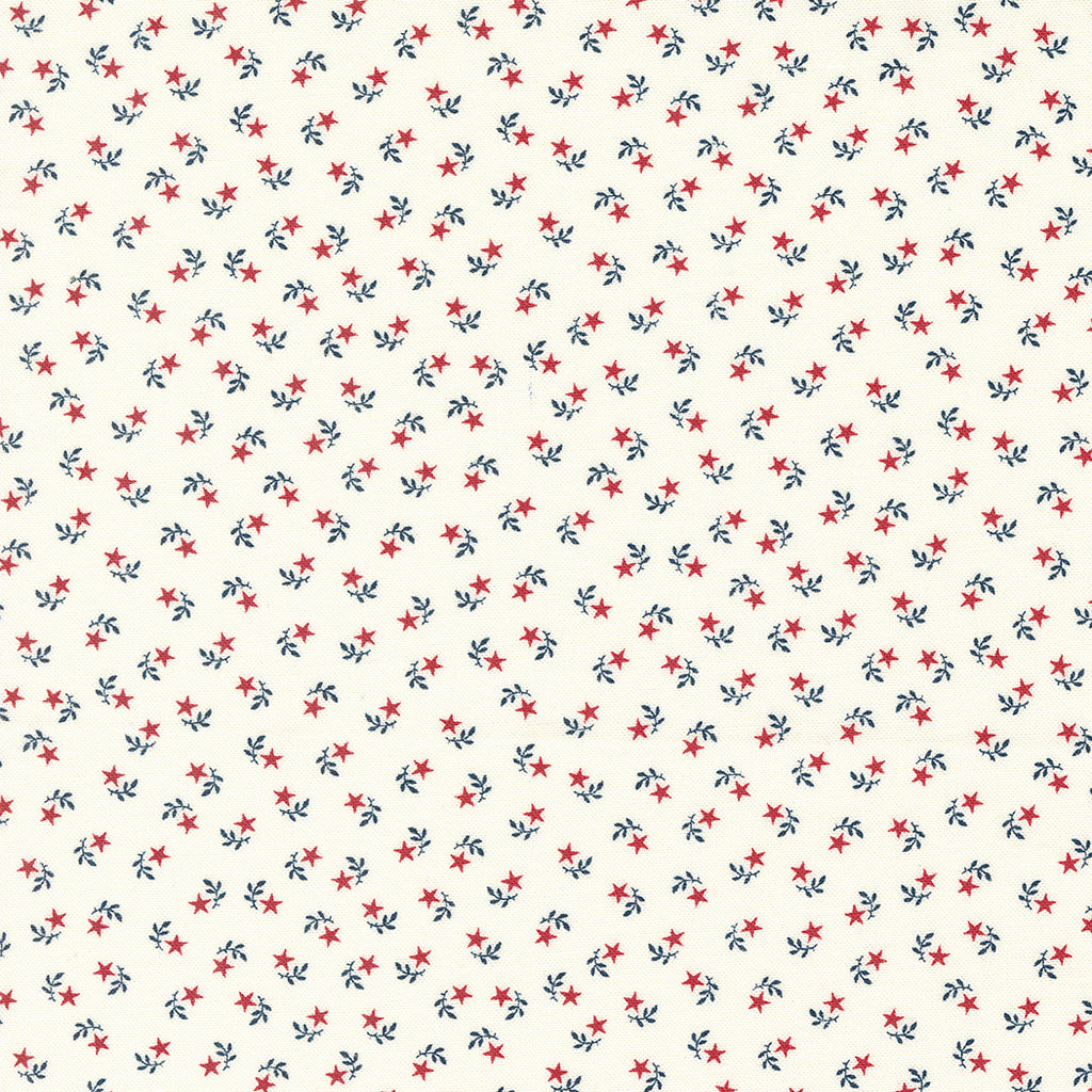 Small Red Stars,  looking similar to flowers, with Blue Leaves on a White Background. Fabric