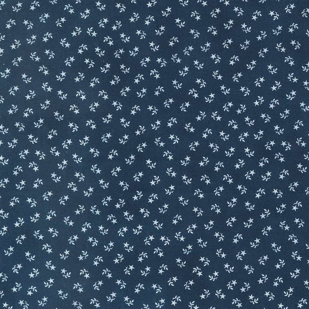 Small White Stars, looking similar to flowers, with White Leaves on a Blue Background. Fabric