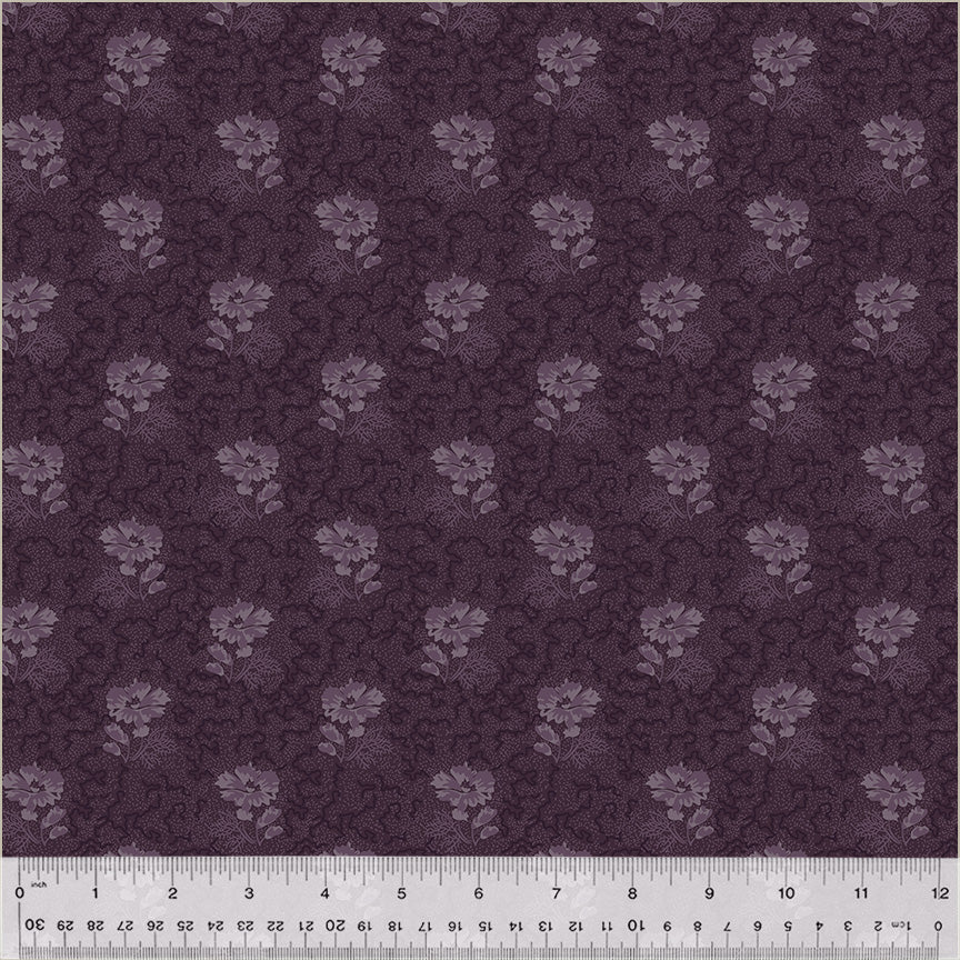 Circa: Purple by Whistler Studio for Windham Fabrics. Posey - Light Purple Flowers with Dark Purple Abstract Vining on a Medium Purple Background. 