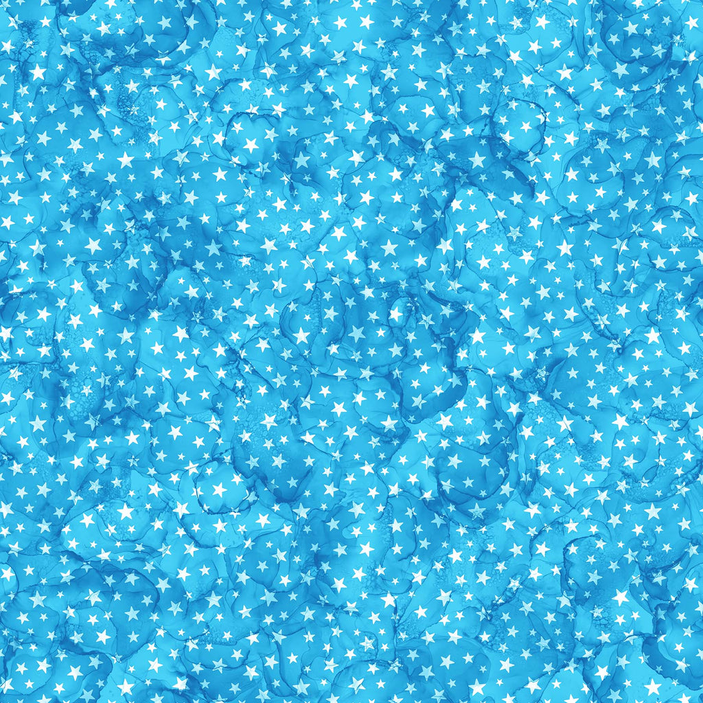 White Stars on a Blue, Mottled Background. Fabric