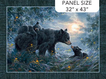 Naturescapes Moonlight Kisses by Abraham Hunter for Northcott Fabrics. Bear Scene Panel- A mother Black Bear and her Cubs with a Forest Scene and Sunrise in the background. Bordered with a Bark Border. Panel measures approximately 32" x 43".