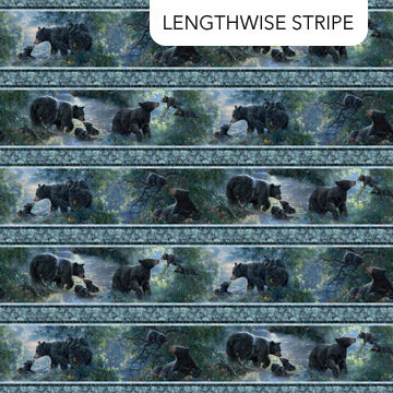 Naturescapes Moonlight Kisses by Abraham Hunter for Northcott Fabrics. Bear Scene Stripe Dark Blue - Scene of a Mother Bear and Cubs in a Dark Forest Set into a Stripe Pattern and Offset with Blue Foliage Patterned Thin Stripe. 