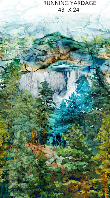 Cedarcrest Falls by Deborah Edwards and Melanie Samra for Northcott Fabrics. Teal Multi Waterfall Scene - An Outdoor Watercolor-esque Scene featuring a Forest and Magestic Waterful in Blues, Greens, Grays, and Browns. Running Yardage - Scene repeats approximately every 3/4 YD. 