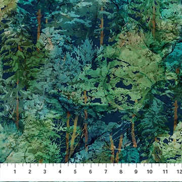 Cedarcrest Falls by Deborah Edwards and Melanie Samra for Northcott Fabrics. Dark Teal Multi Forest Scene - An Outdoor Watercolor-esque Scene featuring Green and Teal Pine Trees on Dark Blue Background. 