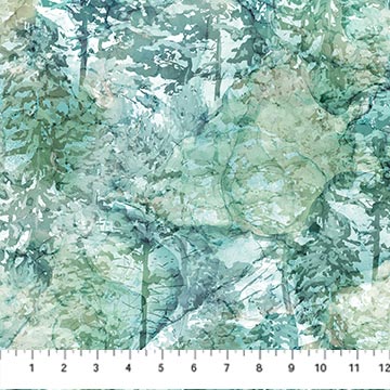 Cedarcrest Falls by Deborah Edwards and Melanie Samra for Northcott Fabrics. Light Teal Forest Scene - An Outdoor Watercolor-esque Scene featuring Blue, Green, and Teal Pine Trees on White Background. 