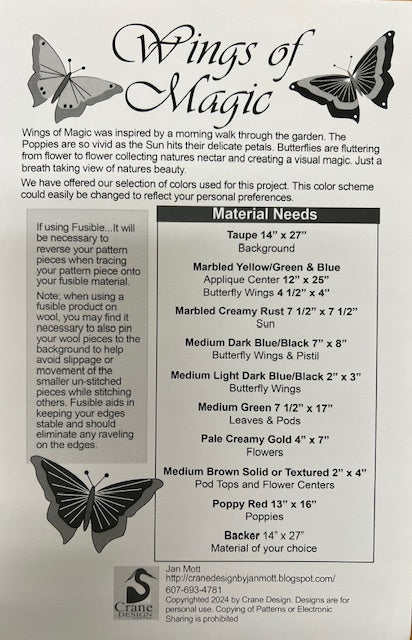 Wings  of Magic back cover with wool  fabric requirements.