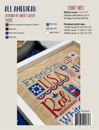 All American Cross Stitch Pattern Back Page  with  Thread Requirements and  Sizes