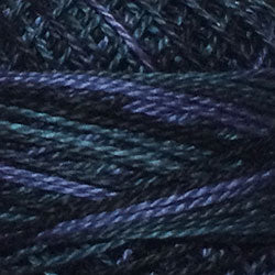 Valdani Variegated Pearl Cotton Ball m91. Available in Sz. 8 - 73 yds. or Sz. 12 - 109 yds. - great for applique, wool applique, big-stitch quilting. Black Night - black with dark shades of navy, deep mauve