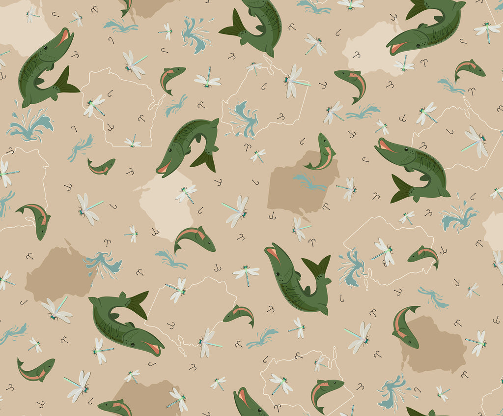 2024 WI Shop Hop Fabric by a Private Designer for P & B Textiles.Tan Fish Allove - Fish, Dragonflies, Fishhooks, and the Outline of WI Scattered over a Light Tan Background.