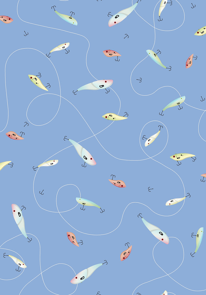 2024 WI Shop Hop Fabric by a Private Designer for P & B Textiles. Blue Lure Allover- Multi-Colored Fishing Lures on a Periwinkle Blue Background