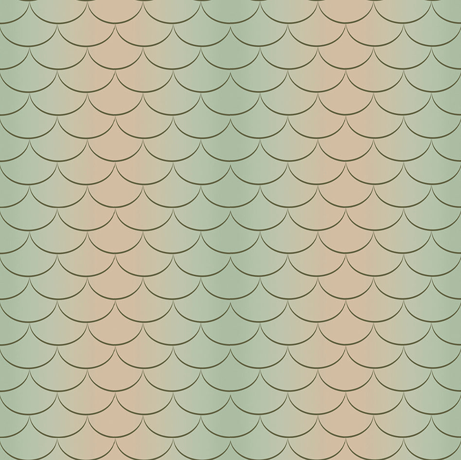 2024 WI Shop Hop Fabric by a Private Designer for P & B Textiles. Green Pink Fish Scales - Light Brown Fish Scales Overlaid a Pale Green and Pink Background. 