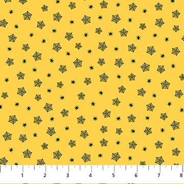 Trick Or Treat by Patrick Lose for Northcott Fabrics. Yellow - Black Spider Webs and Spiders on a Yellow Background.