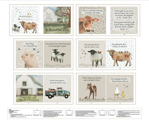 A Beautiful Day Soft Panel Book by Dawn Rosengren for Henry Glass & Co. This panel features farm animals, such as a pig, cow, sheep, and ducks! A great way to introduce small ones to new animals and how life works on the farm! 