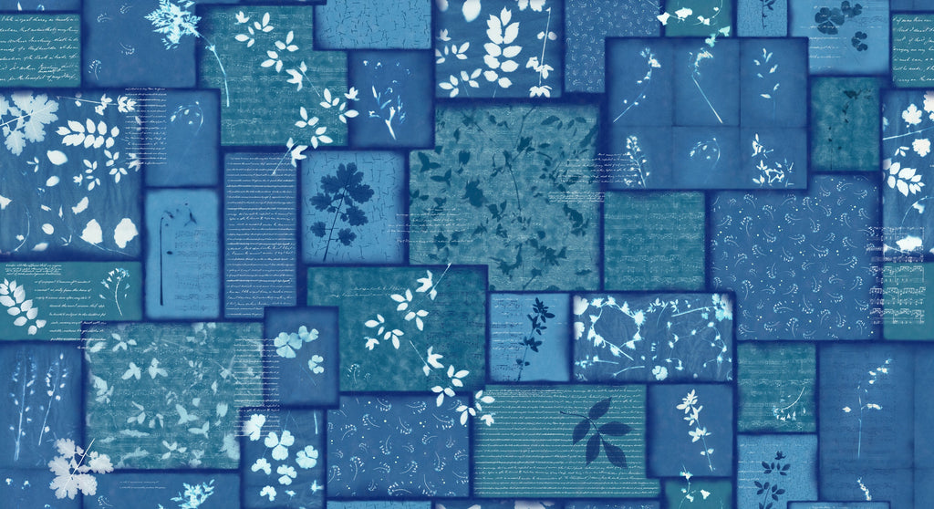 Bluebell by Janet Clare for Moda.Cyan -Differing floral prints and calligraphy layered onto each other in a patchwork of various blues and greens, along with accents of white.
