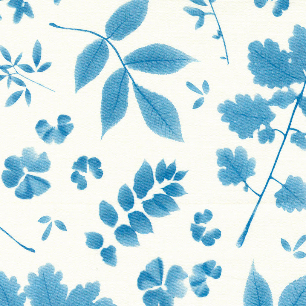 Blue Leaves and Florals on a White Background. Fabric