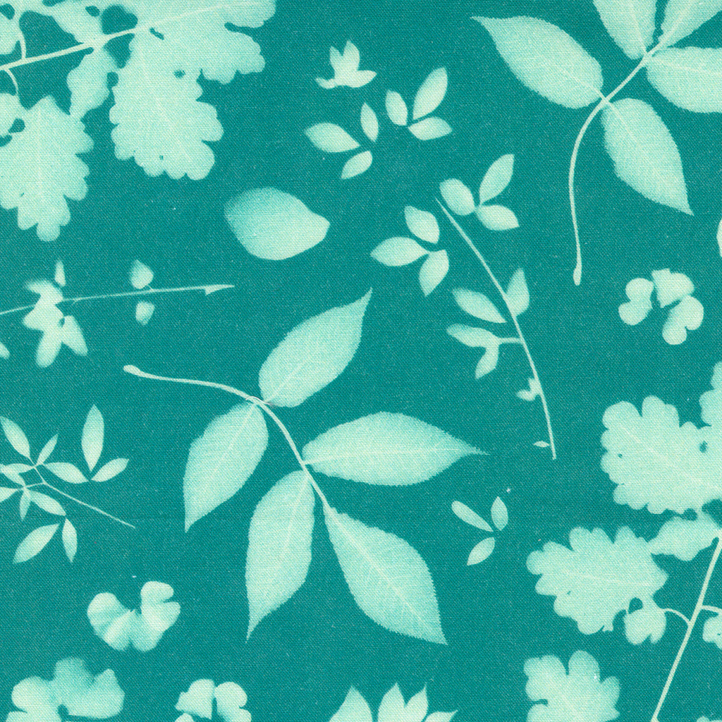 Light Teal Green Leaves and Florals on a Tealish Green Background. Fabric