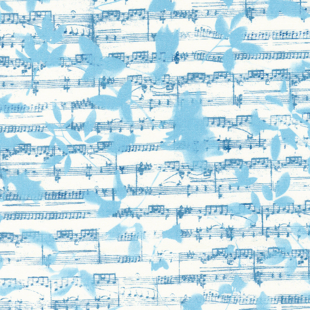 Light Blue Leaves and Florals overlaid Darker Blue Sheet Music on a White Background. Fabric