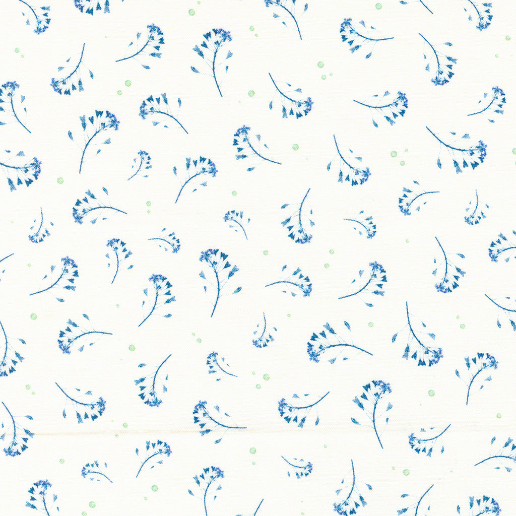 Medium Blue Sprigs and Dots on a White Background. Fabric