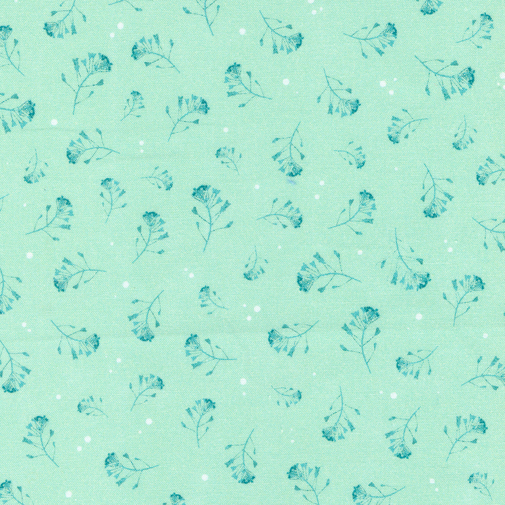 A Dark Blue Teal Sprig Pattern on a Light Minty Green Background. Fabric