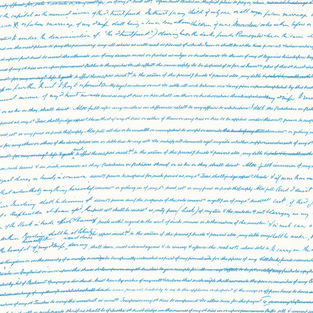 Medium Blue Calligraphy Writing on a White Background. From afar looks like Blue Stripes. Fabric