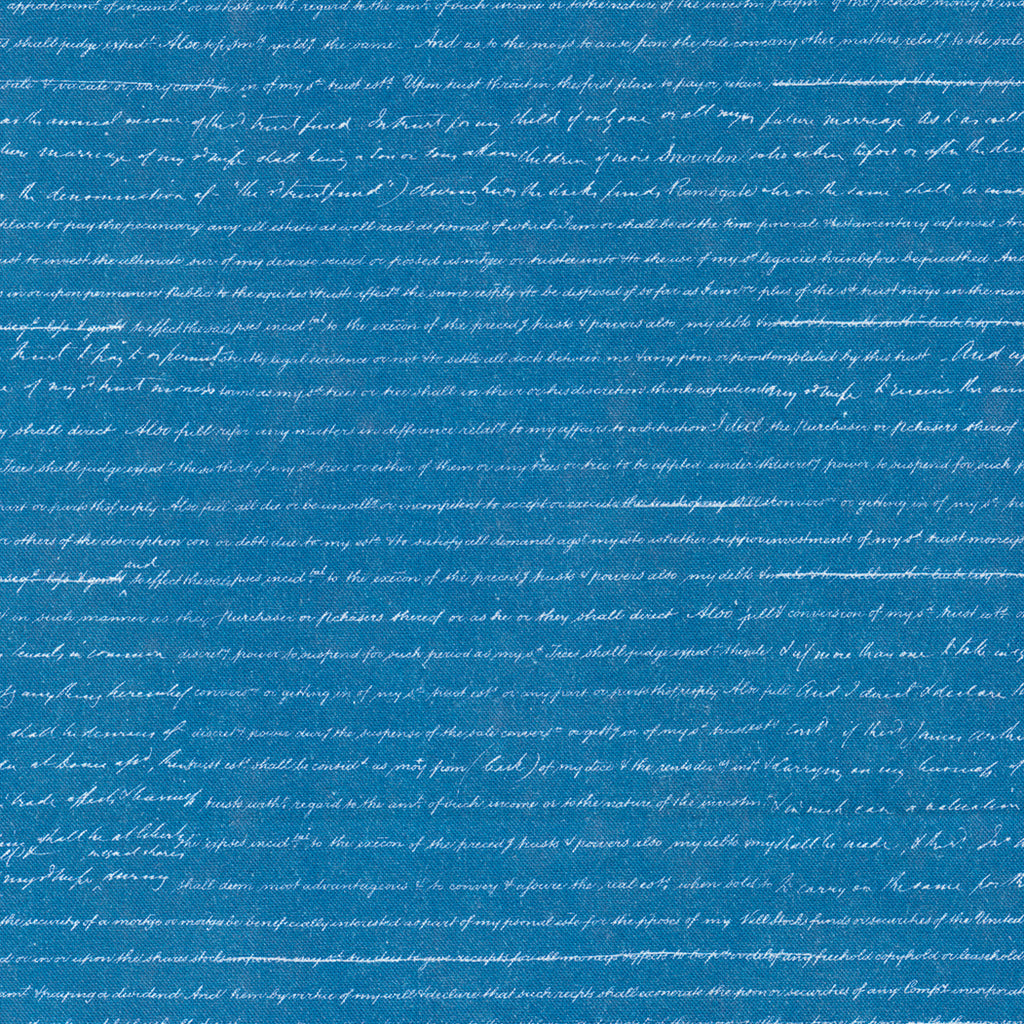 White Calligraphy Writing on a Medium Cyan Blue Background. From afar looks like White Stripes. Fabric