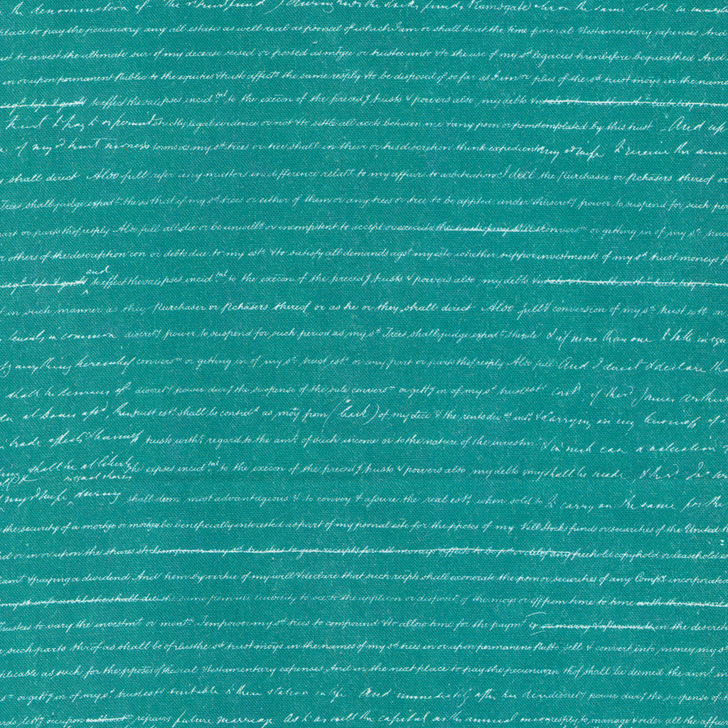 White Calligraphy Writing on a Tealish Green Background. From afar looks like White Stripes. Fabric