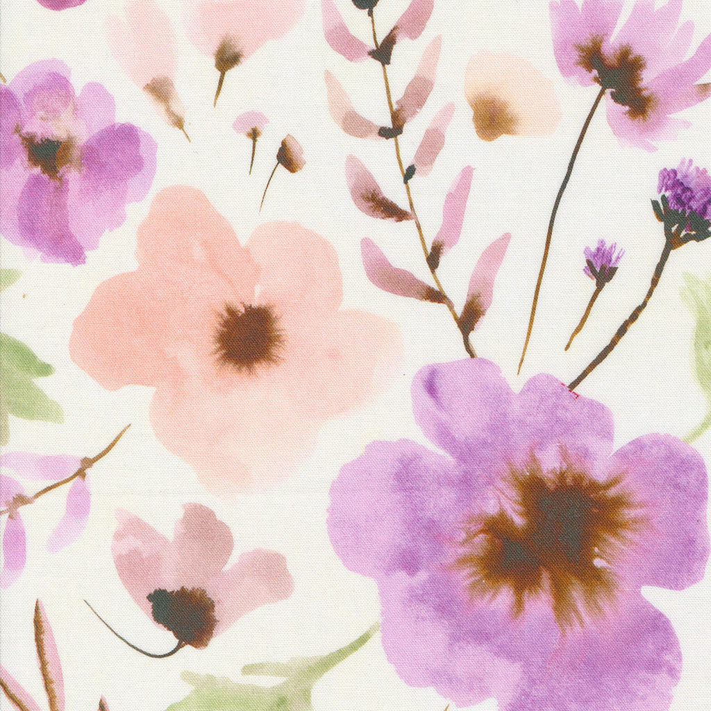 Blooming Lovely by Janet Clare for Moda. Cream- Purple and Pink Watercolor Flowers with Green Leaves on a Cream Background. 