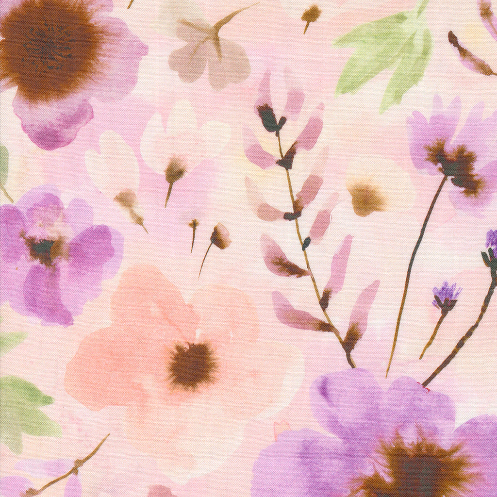 Blooming Lovely by Janet Clare for Moda. Petal - Purple and Pink Watercolor Flowers with Green Leaves on a Pink Background. 