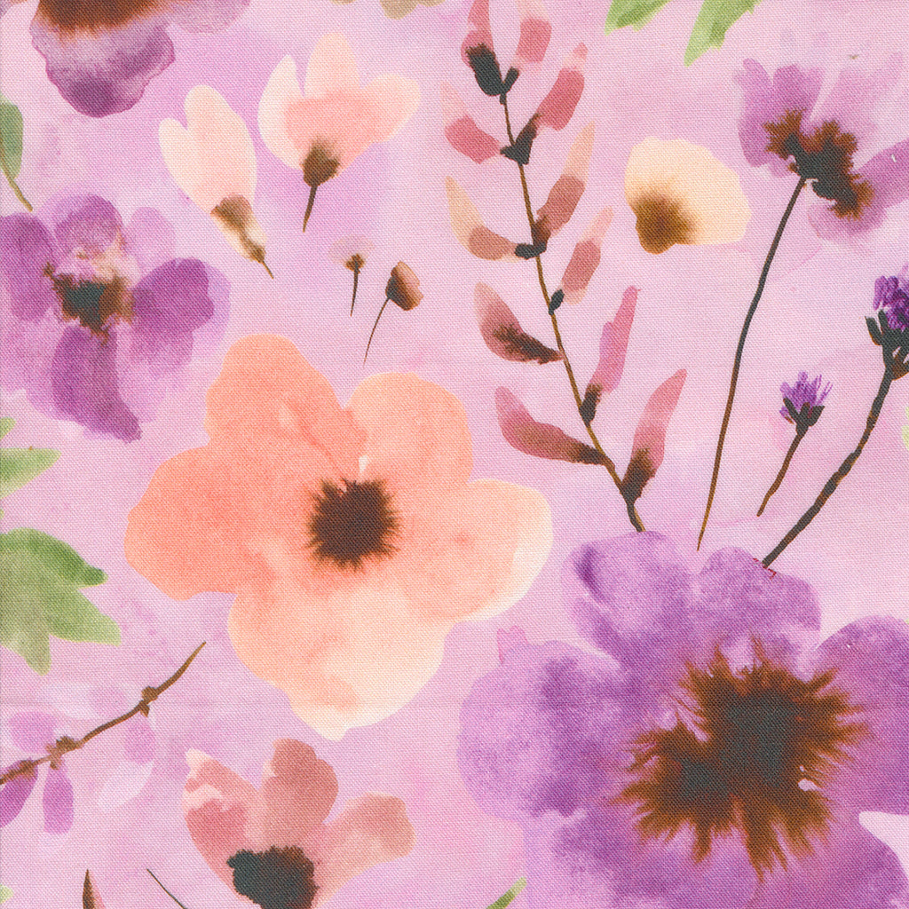 Blooming Lovely by Janet Clare for Moda. Lavender - Purple and Pink Watercolor Flowers with Green Leaves on a Purple Background. 