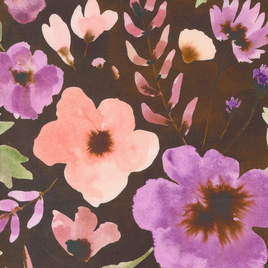 Blooming Lovely by Janet Clare for Moda. Sepia - Purple and Pink Watercolor Flowers with Green Leaves on a Chocolate Brown Background. 